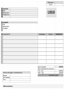 Captura de pantalla de una plantilla en Excel de facturas para autónomos que se puede descargar gratis