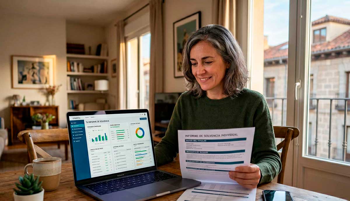 Mujer frente al ordenador mirando su informe de solvencia